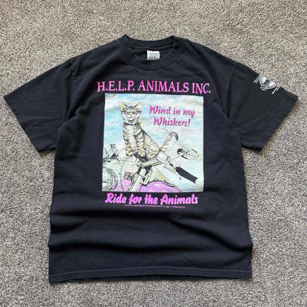 Vintage 2004 H.E.L.P. Animals Inc. Wind In My Whiskers Cat Motorcycle Graphic T-